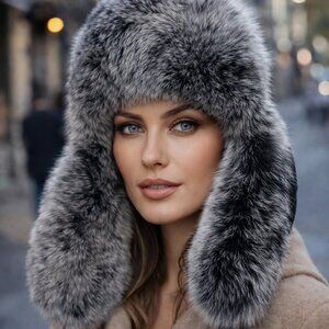 Real leather and fox fur hat, lined, black, new item, Ushanka, Trapper hat